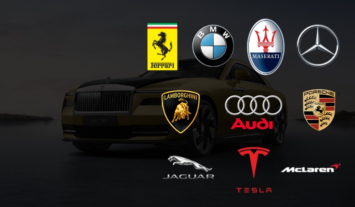 A luxury car surrounded by the logos of performance brands like Ferrari, Porsche, BMW, Lamborghini, and Maserati.