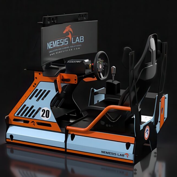 A complete Nemesis Lab racing simulator rig with a racing seat, Fanatec steering wheel, and monitor in a Gulf-inspired livery.
